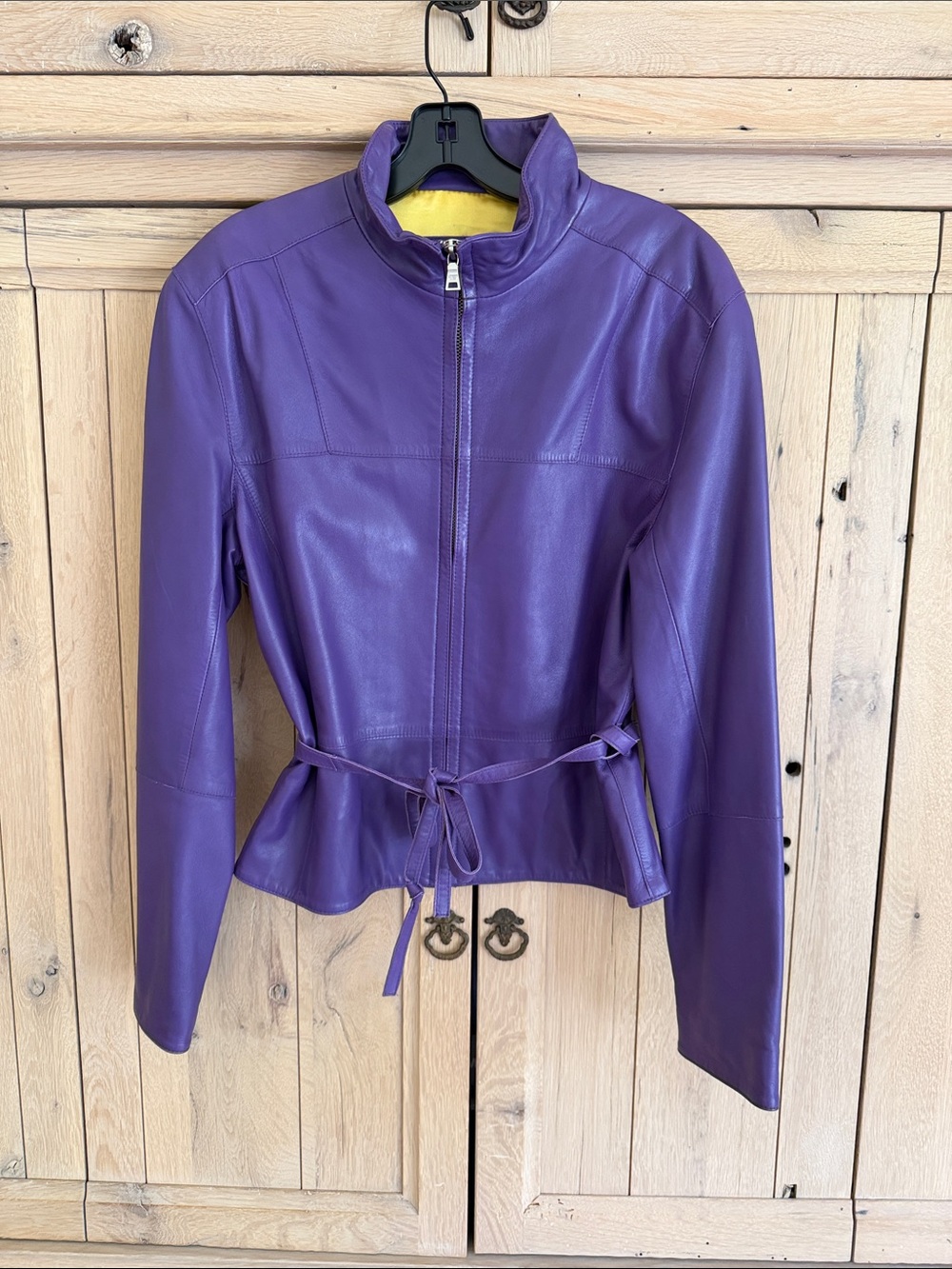 Andrew Marc Women's Purple Leather Zip-Front Jacket with Waist Tie